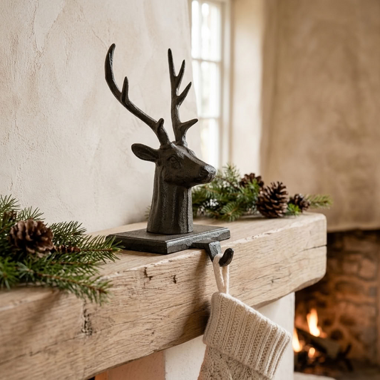 Cast Iron Stag Stocking Holder displayed on an aged oak fireplace mantel with a cream knitted Christmas stocking and festive greenery