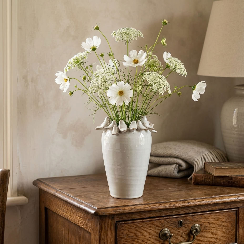 Ceramic Bird Vase filled with delicate white cottage flowers on an antique wooden dresser in a country home