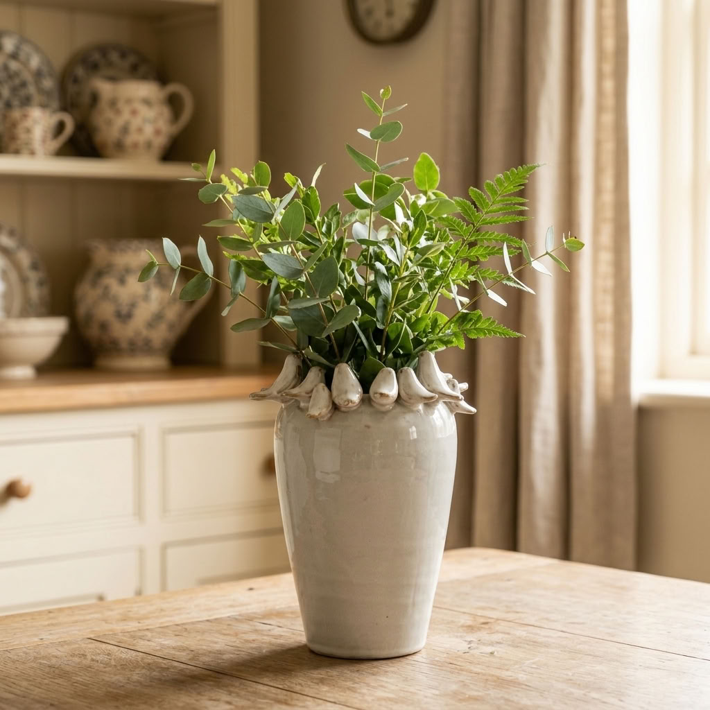 Ceramic Bird Vase with fresh green foliage styled on an aged oak table in a traditional English country kitchen