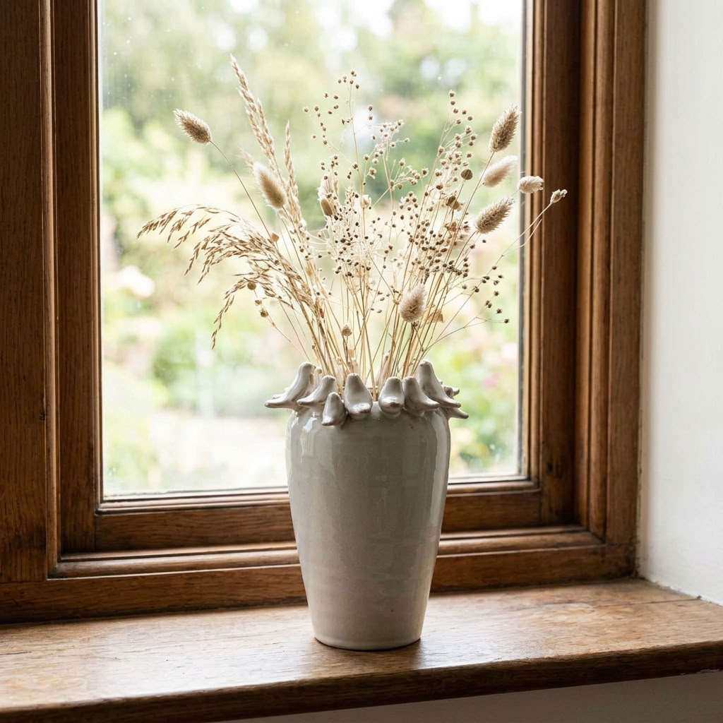 Ceramic Bird Vase with delicate dried stems displayed on an aged wooden cottage window ledge overlooking the garden