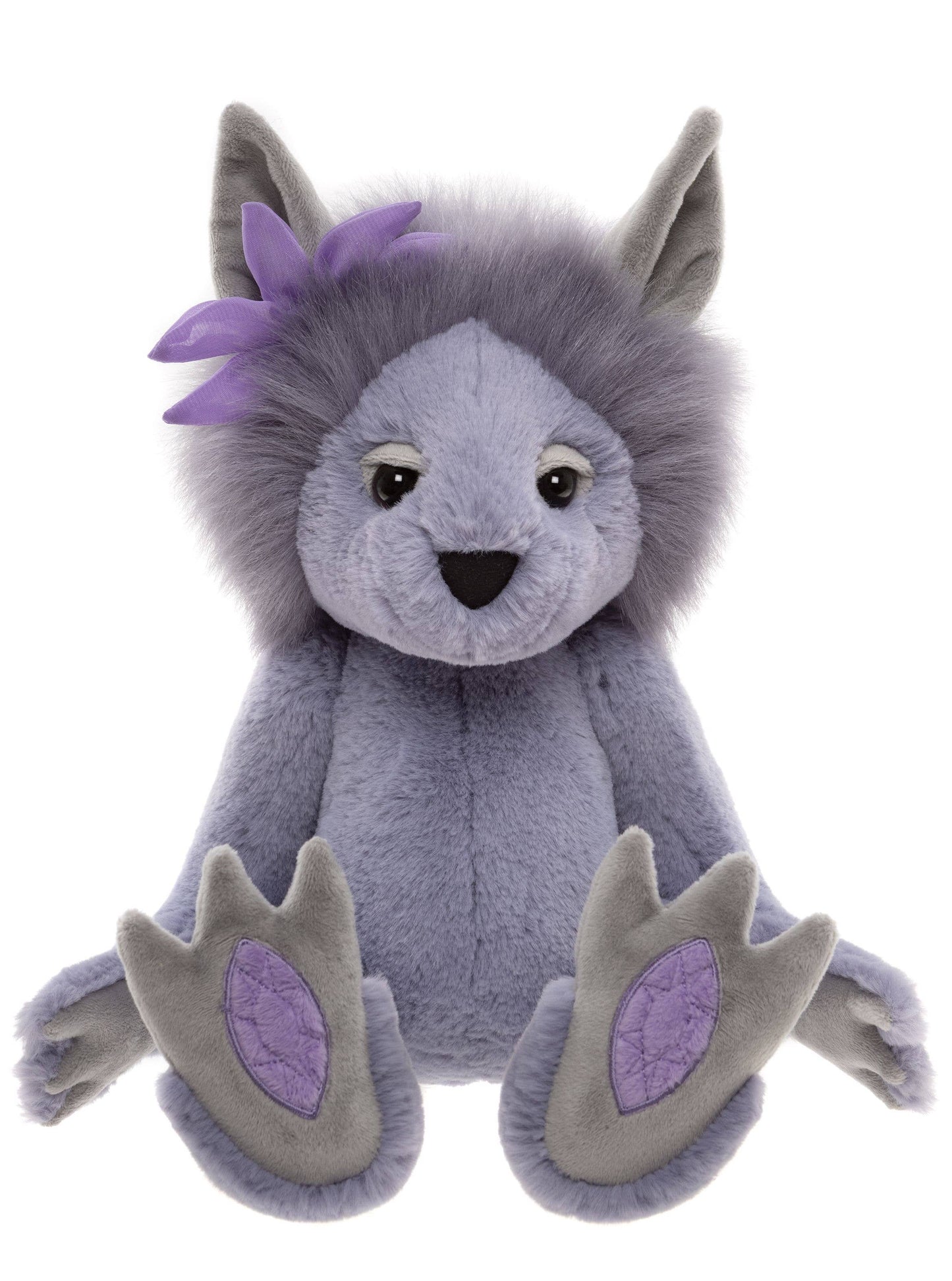 Front view of Charlie Bears Amethyst Boo showing embroidered amethyst gemstone paw pads and fluffy lavender mane