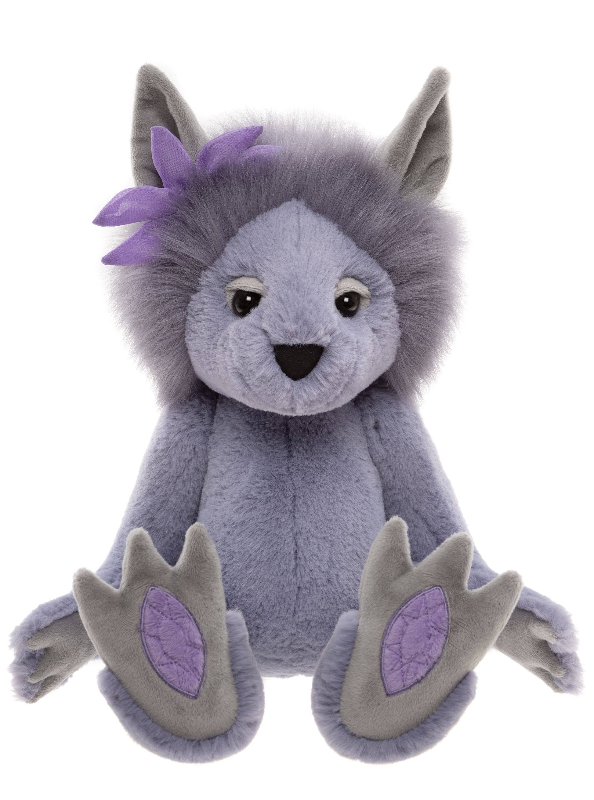 Front view of Charlie Bears Amethyst Boo showing embroidered amethyst gemstone paw pads and fluffy lavender mane