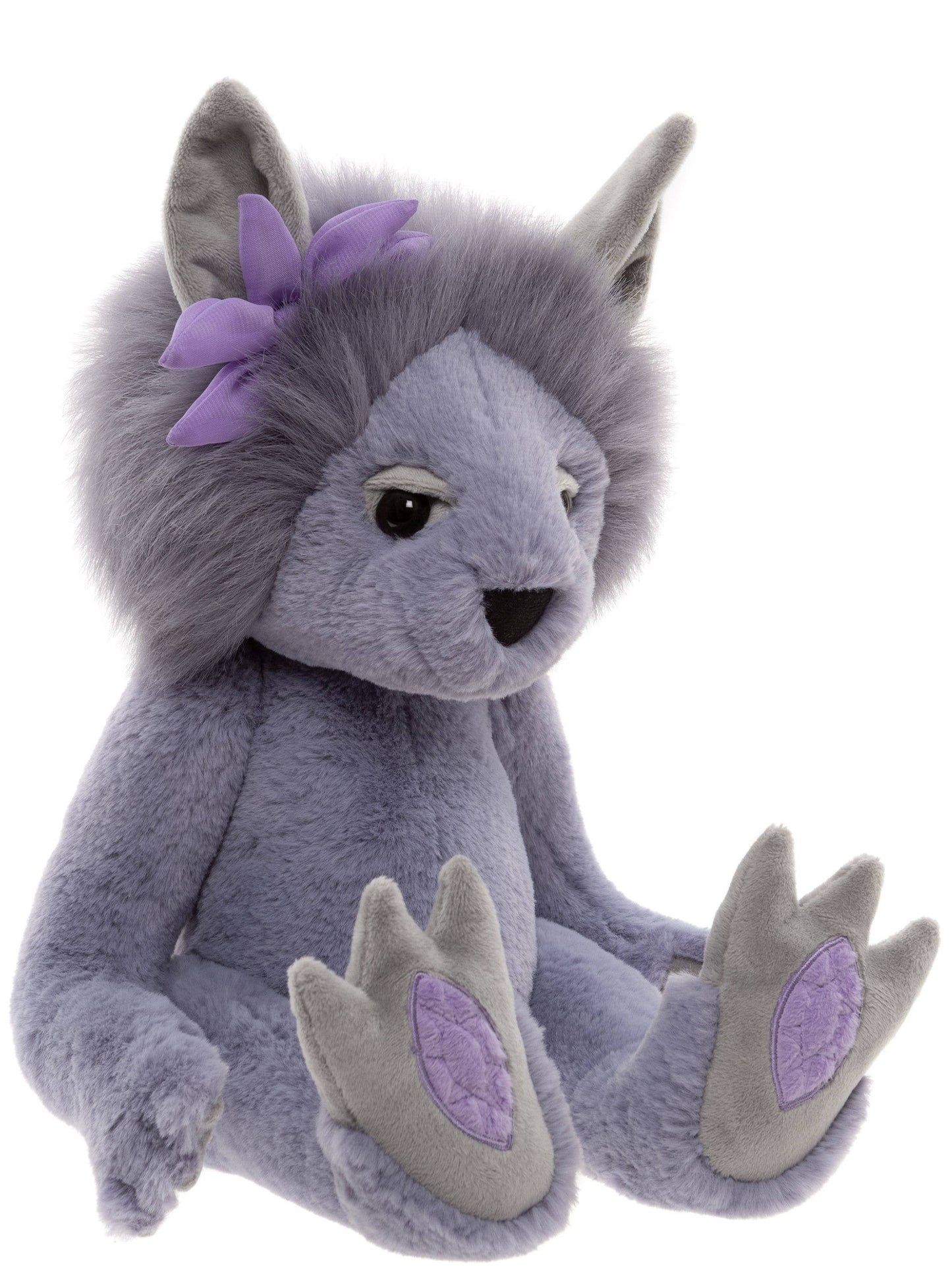 Side angle of Charlie Bears Amethyst Boo highlighting soft lavender plush and fluffy mane