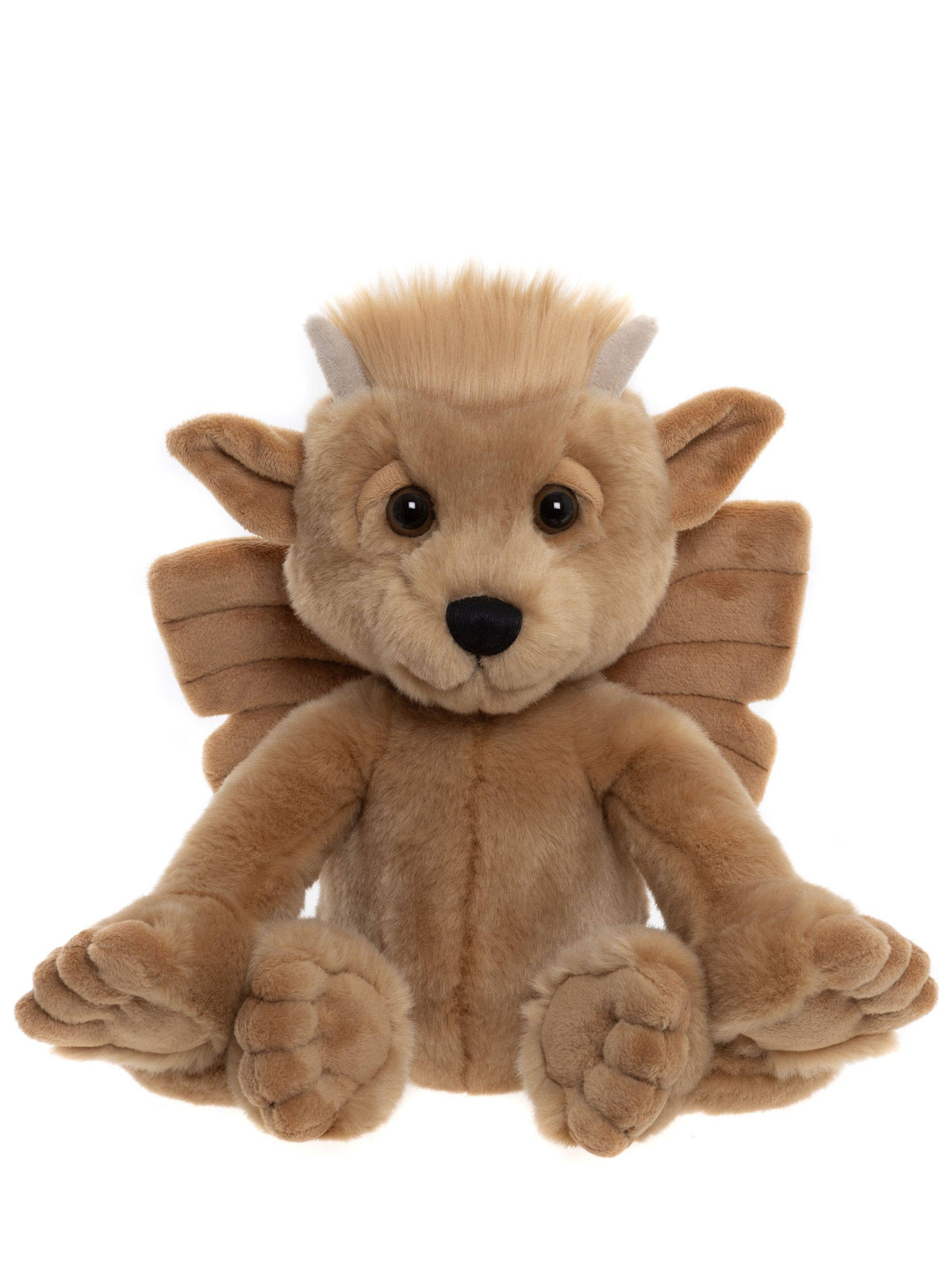 Charlie Bears Bartizan brown plush gargoyle front view showing his little horns, tufted fur, sculpted wings and oversized paws