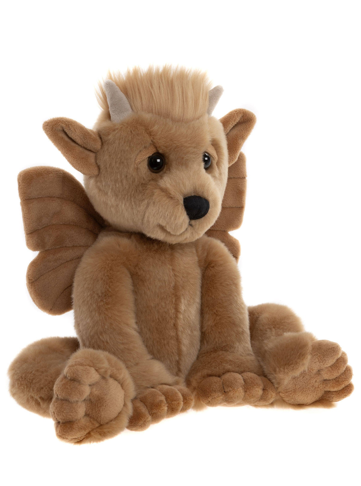 Charlie Bears Bartizan golden-brown plush gargoyle in a side view showing his detailed wings and seated shape