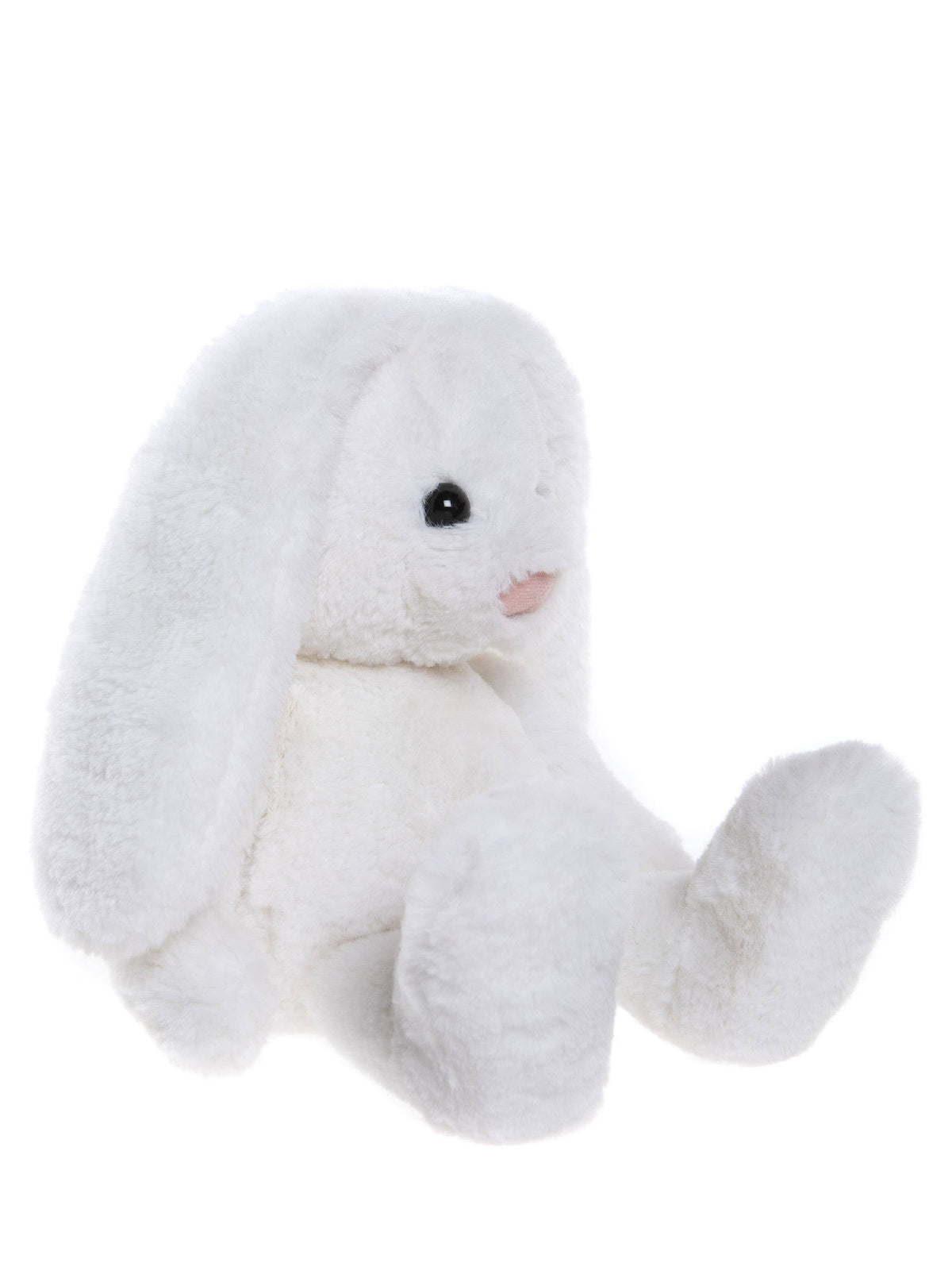 Side view of Charlie Bears Bramble Bunny showing white plush and long floppy ears