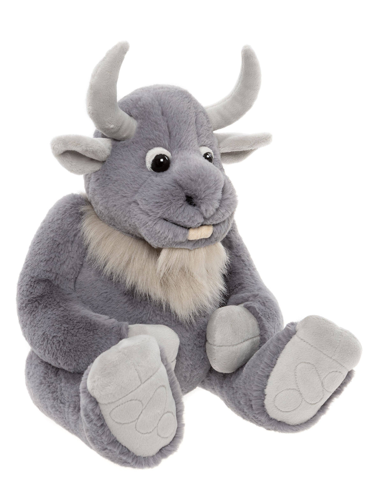 Charlie Bears Cobblestone giant plush toy in an angled seated view showing his grey fur and pale paw details