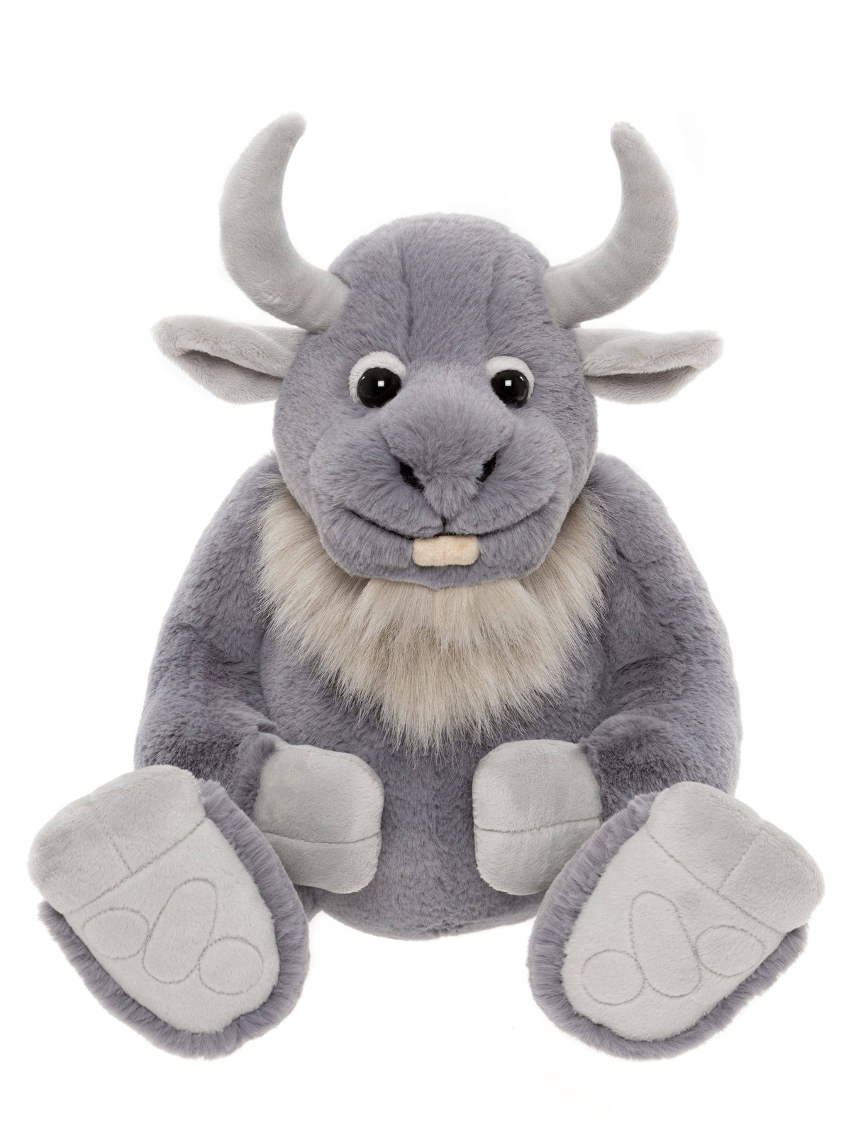 Charlie Bears Cobblestone grey plush giant front view showing curved horns, fluffy beard and oversized embroidered paws