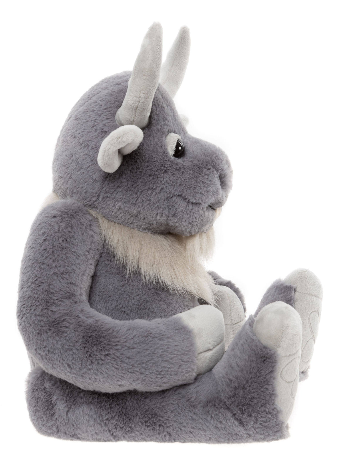 Charlie Bears Cobblestone grey giant soft toy side profile showing his curved horns, beard and seated shape