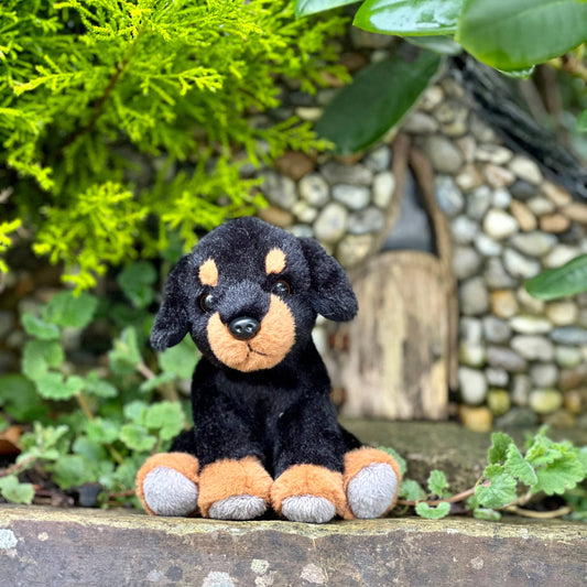Charlie Bears Cuddle Cub Rottie Dog black and tan plush puppy outdoors