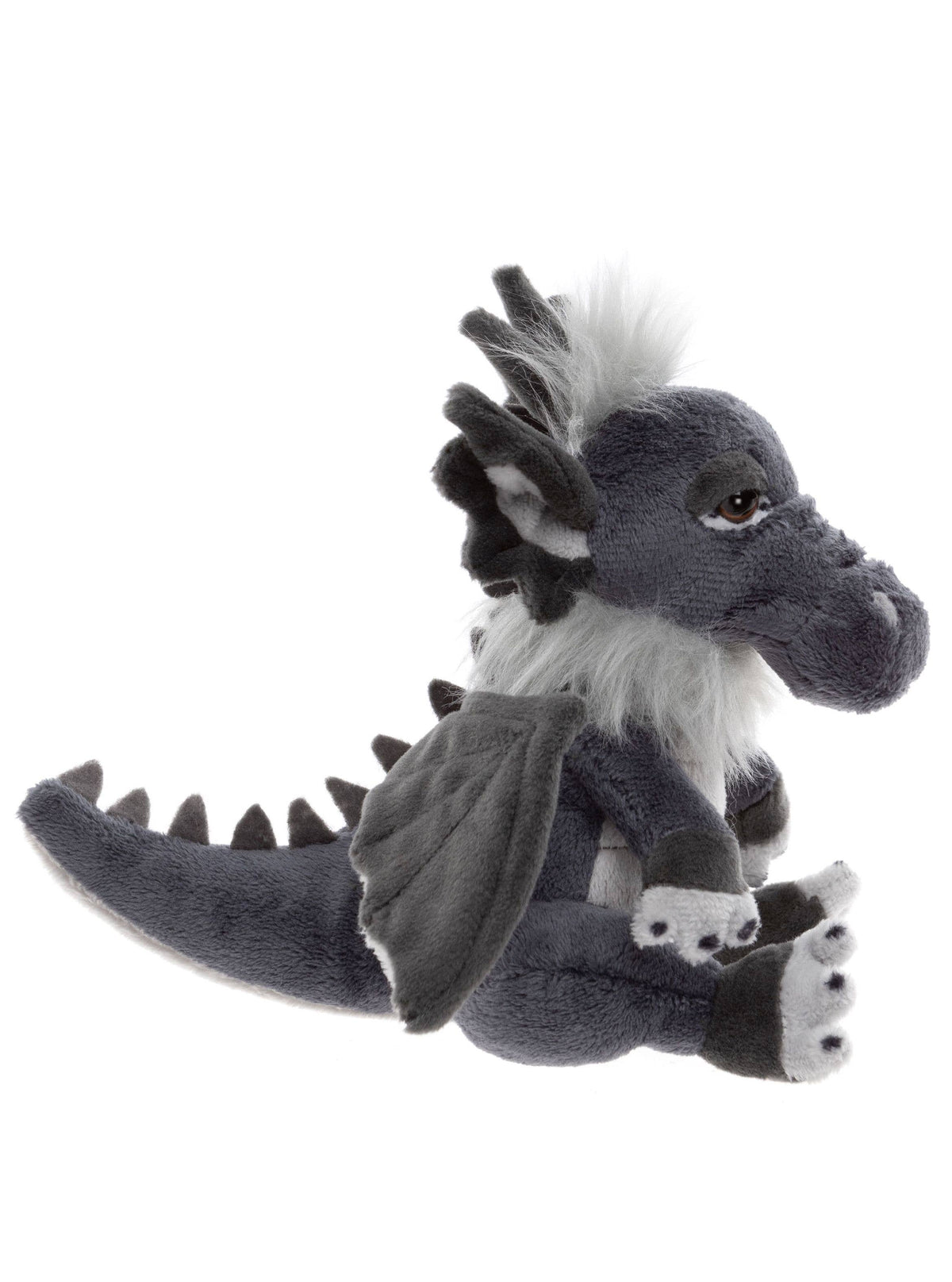 Side view of Charlie Bears Cuddle Cub Soot showing grey plush, wings and tail