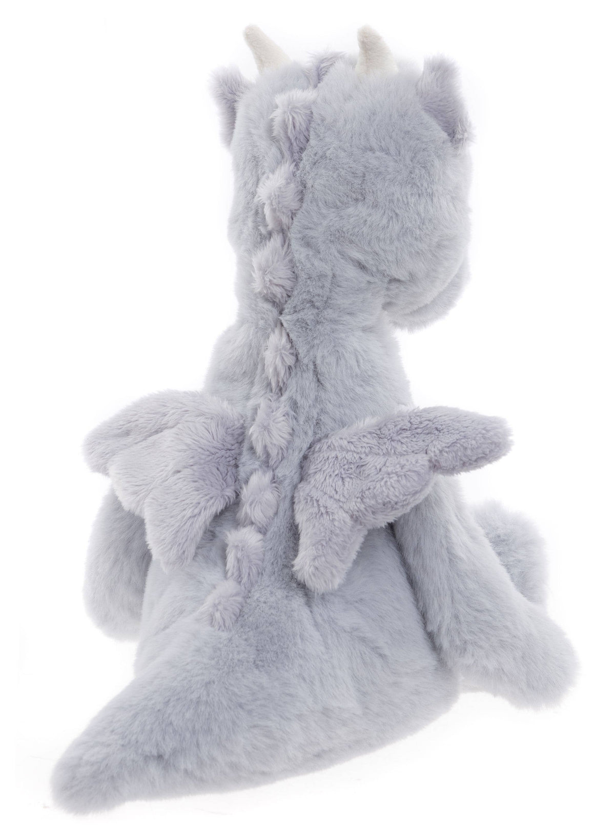 Back view of Charlie Bears Draco Dragon showing cloudy grey plush, soft wings and tail