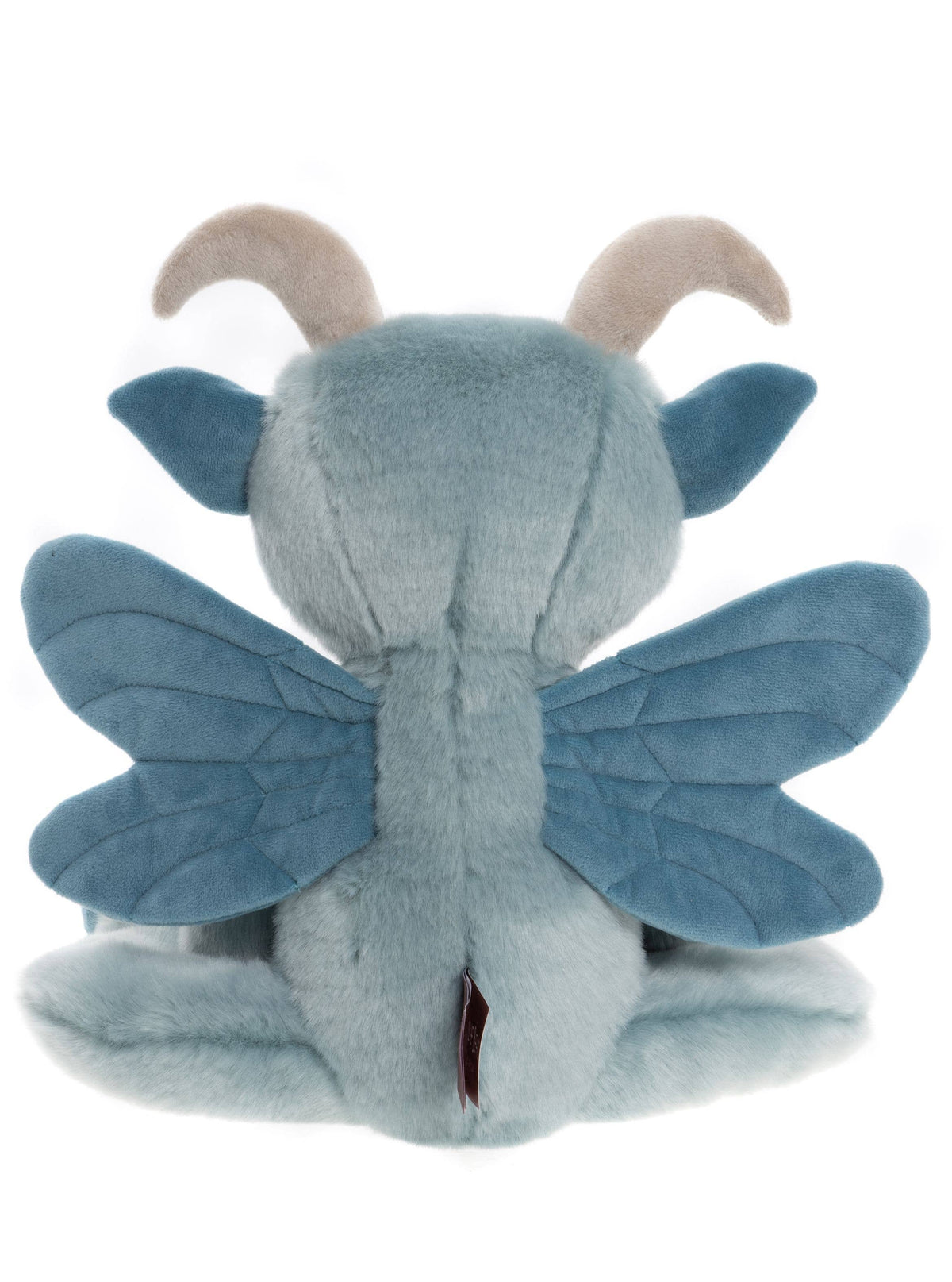 Back view of Charlie Bears Drawbridge showing sky-blue plush and outstretched gargoyle wings