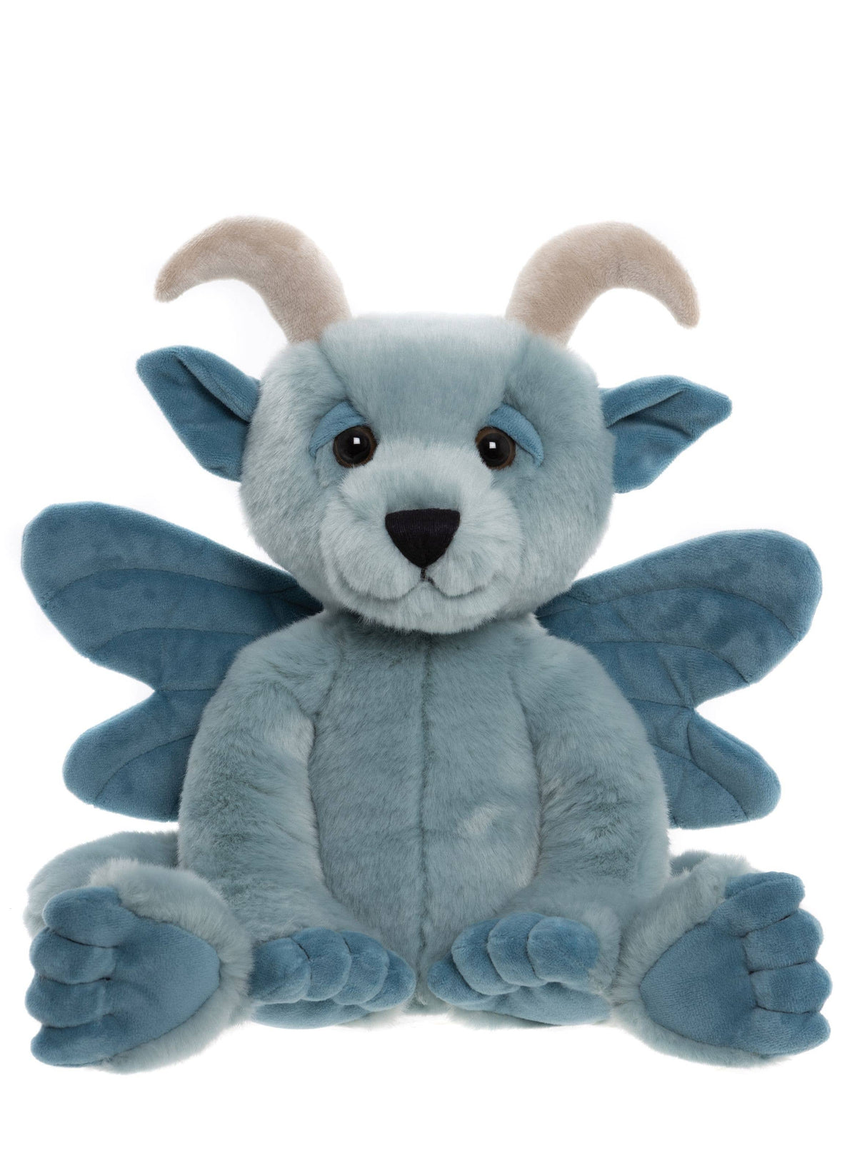 Charlie Bears Drawbridge sky-blue plush gargoyle with curled horns, soft wings and sculpted feet