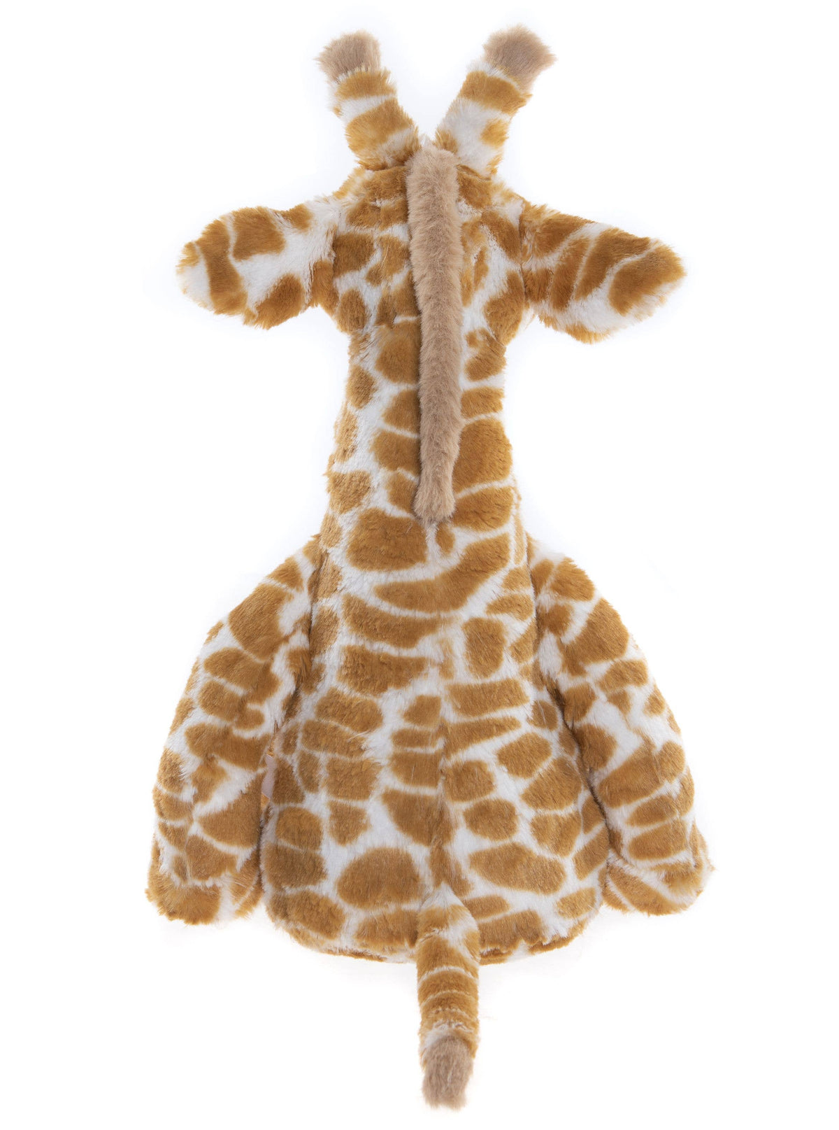Back view of Charlie Bears Gilbert Giraffe showing his patterned plush and tail
