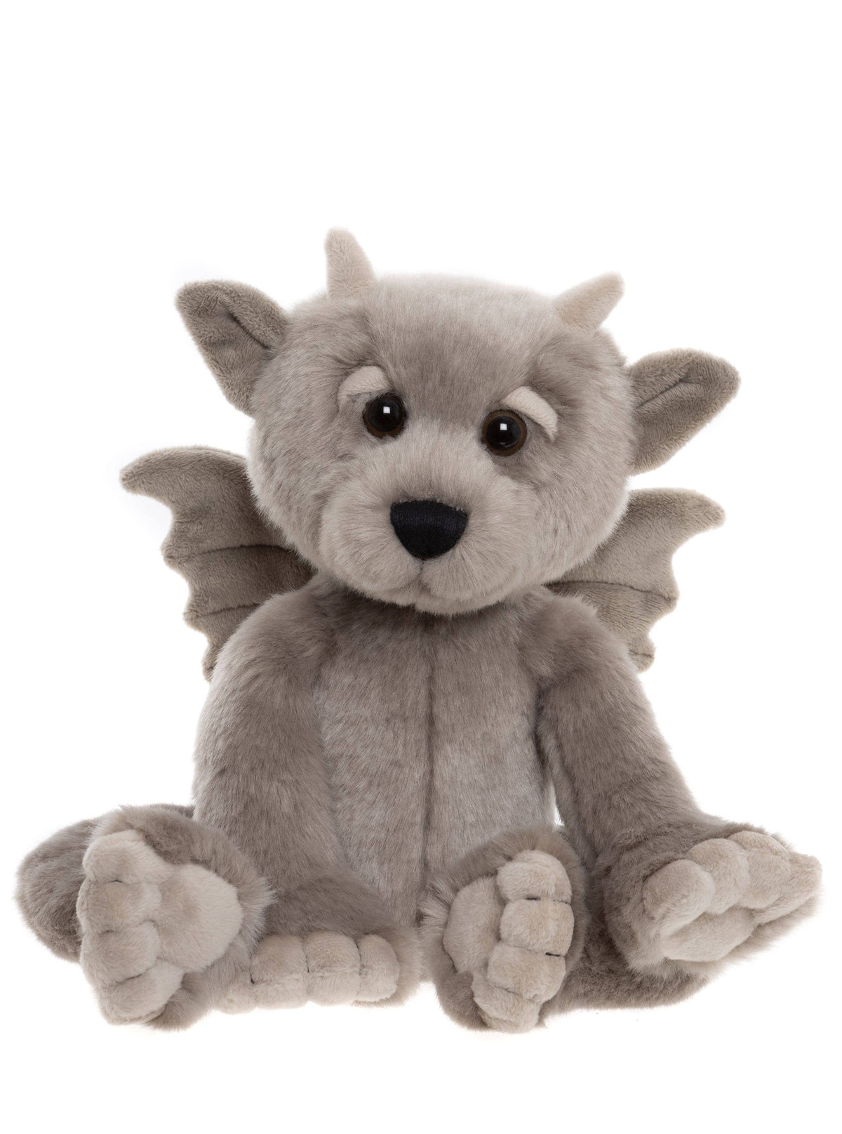 Charlie Bears Moat grey plush gargoyle front view showing his gentle face, little horns, wings and oversized paws