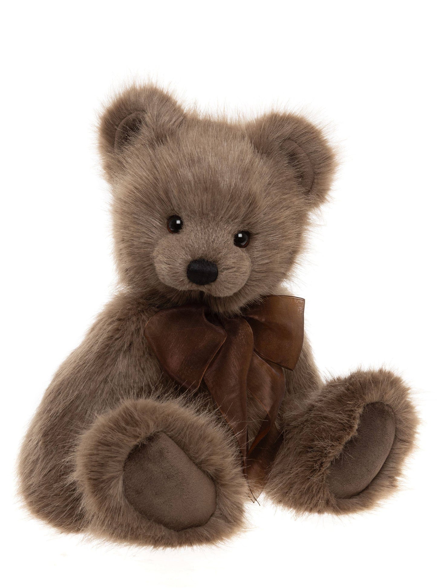 Charlie Bears Oak brown plush teddy bear side view showing soft medium-pile plush and brown bow