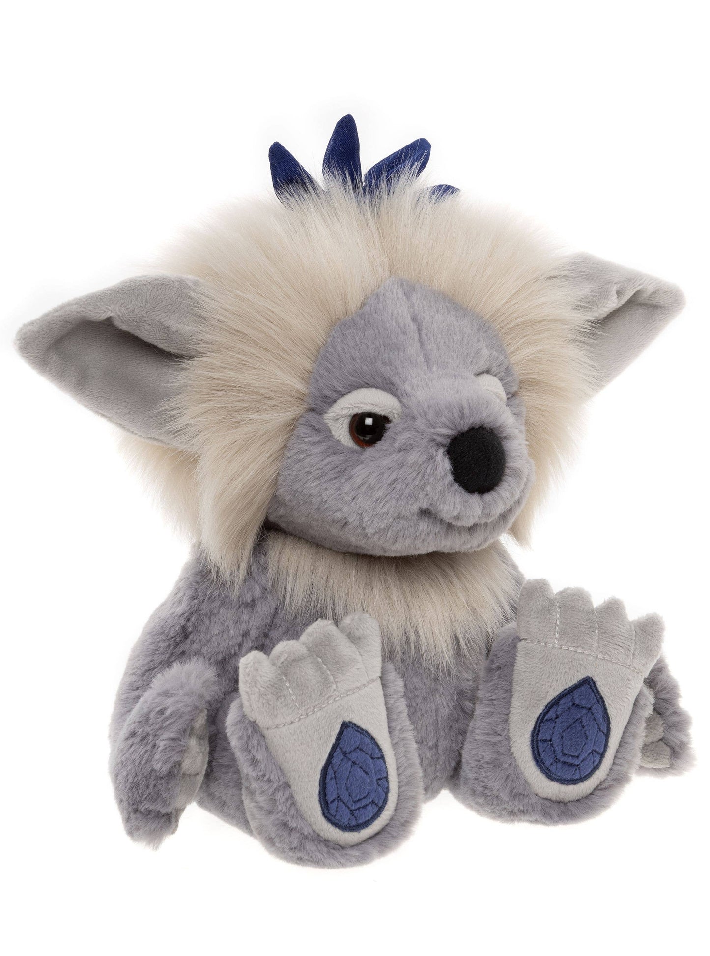 Side angle of Charlie Bears Sapphire Sue highlighting soft blue-grey plush and fluffy cream mane
