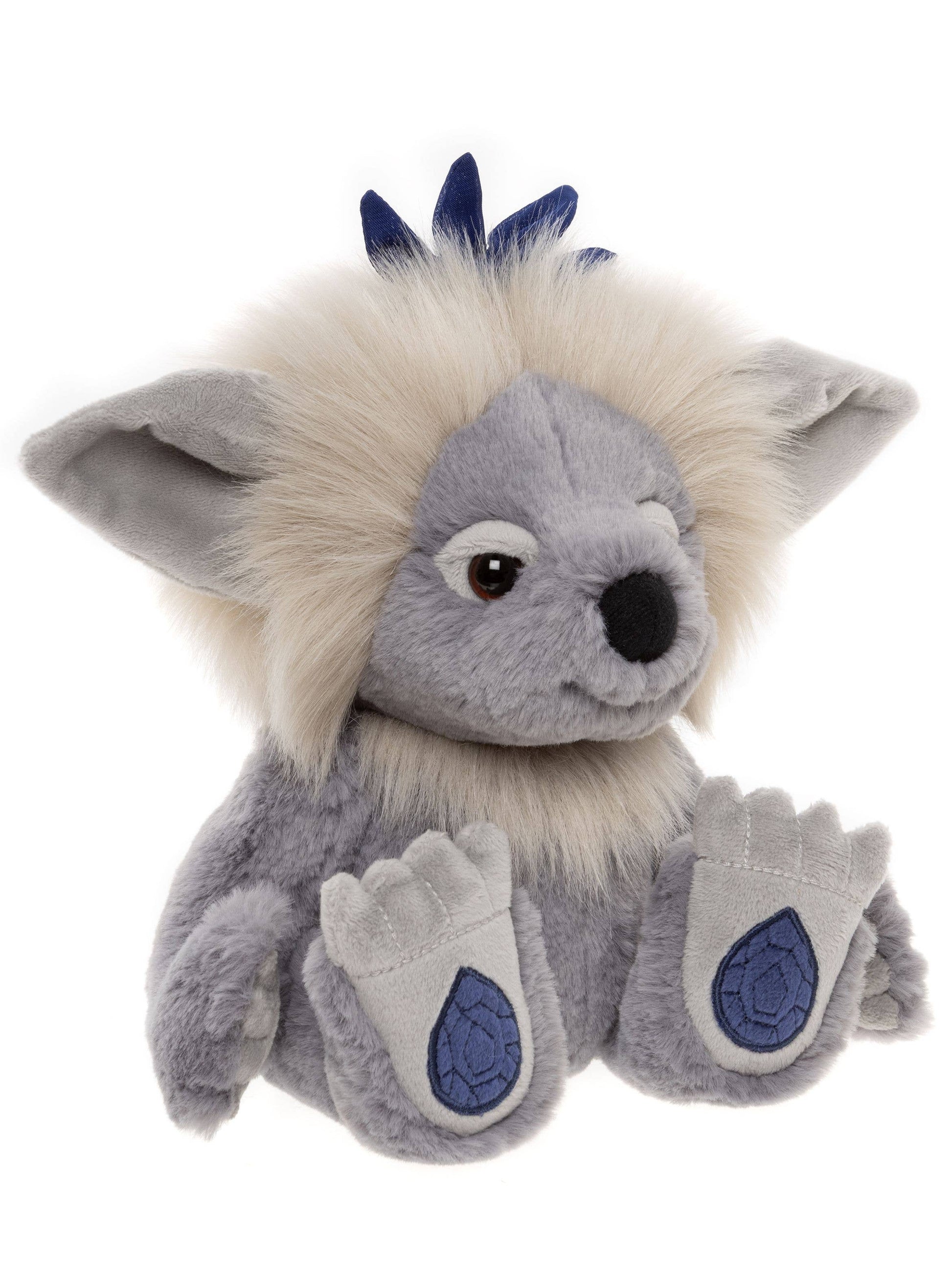 Side angle of Charlie Bears Sapphire Sue highlighting soft blue-grey plush and fluffy cream mane