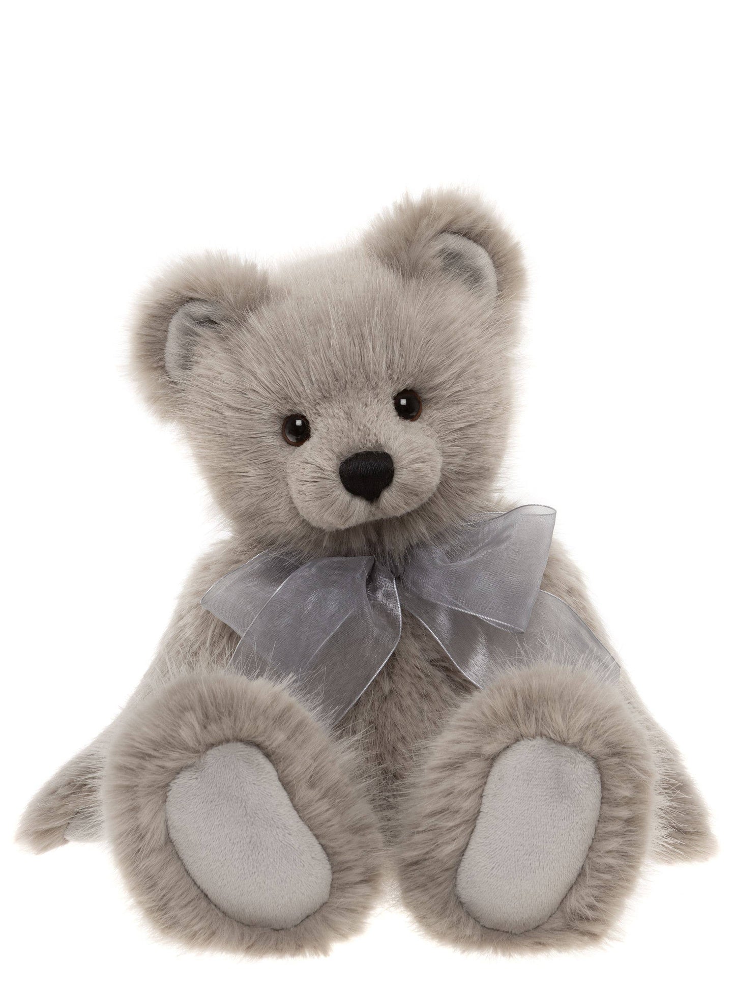 Charlie Bears Silver Birch pale grey plush teddy bear with silver organza bow and light grey paw pads