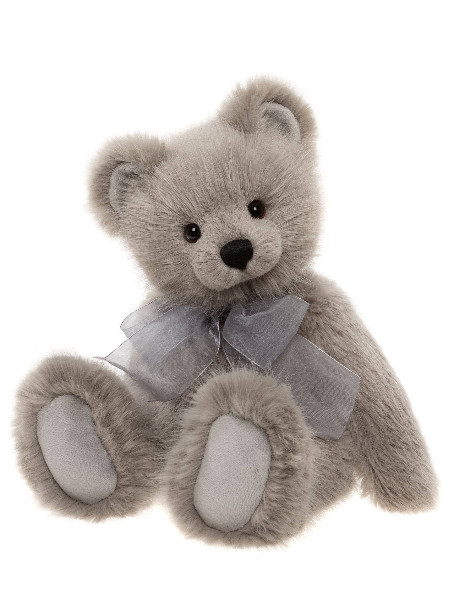 Charlie Bears Silver Birch pale grey plush teddy bear side view showing his soft plush fur and silver bow