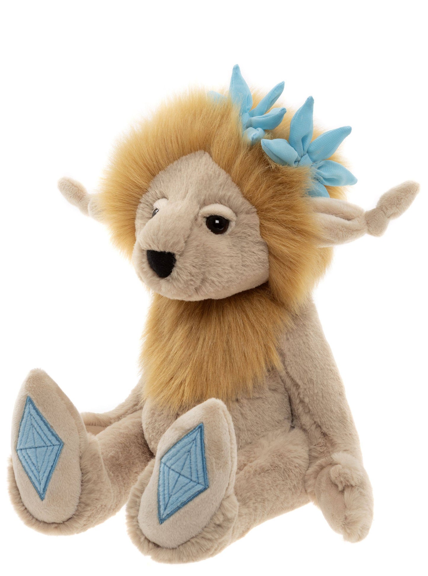Side angle of Charlie Bears Topaz Blu highlighting soft plush details and golden mane