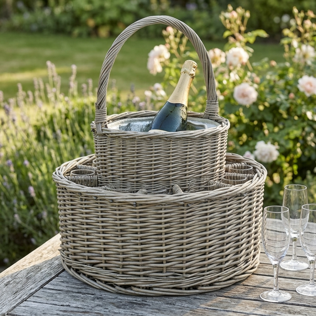 Chilled Garden Party Willow Basket with champagne bottle and glasses displayed on a rustic table in an English country garden.