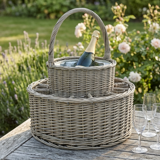 Chilled Garden Party Willow Basket with champagne bottle and glasses displayed on a rustic table in an English country garden.