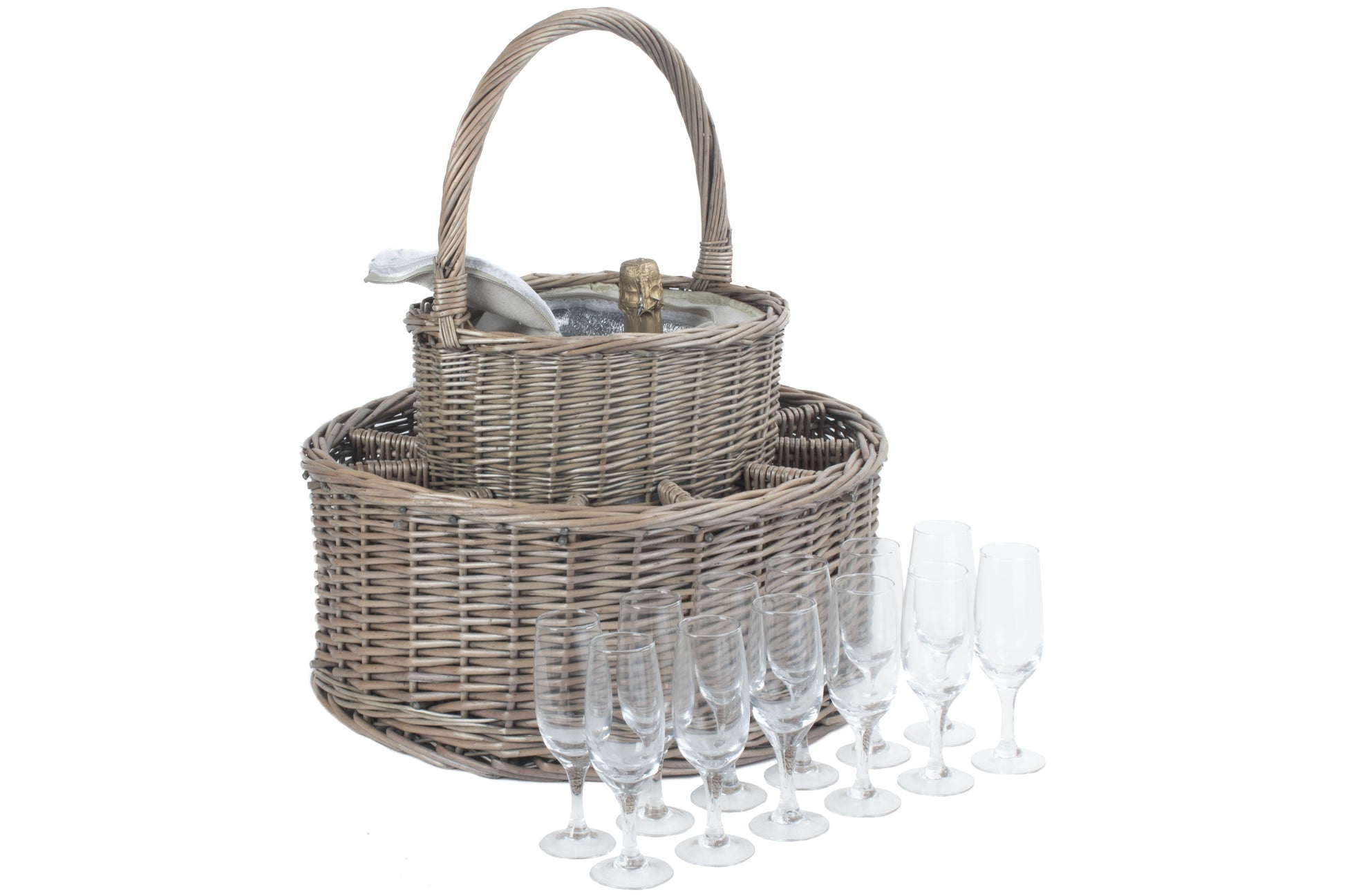 Chilled Garden Party Willow Basket with tall carrying handle and 12 included champagne glasses