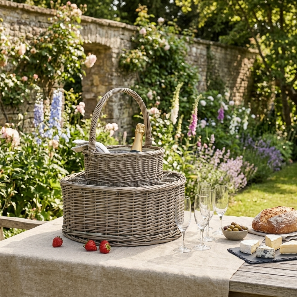 Chilled Garden Party Willow Basket with champagne glasses styled on a linen-covered table in a colourful English country garden.