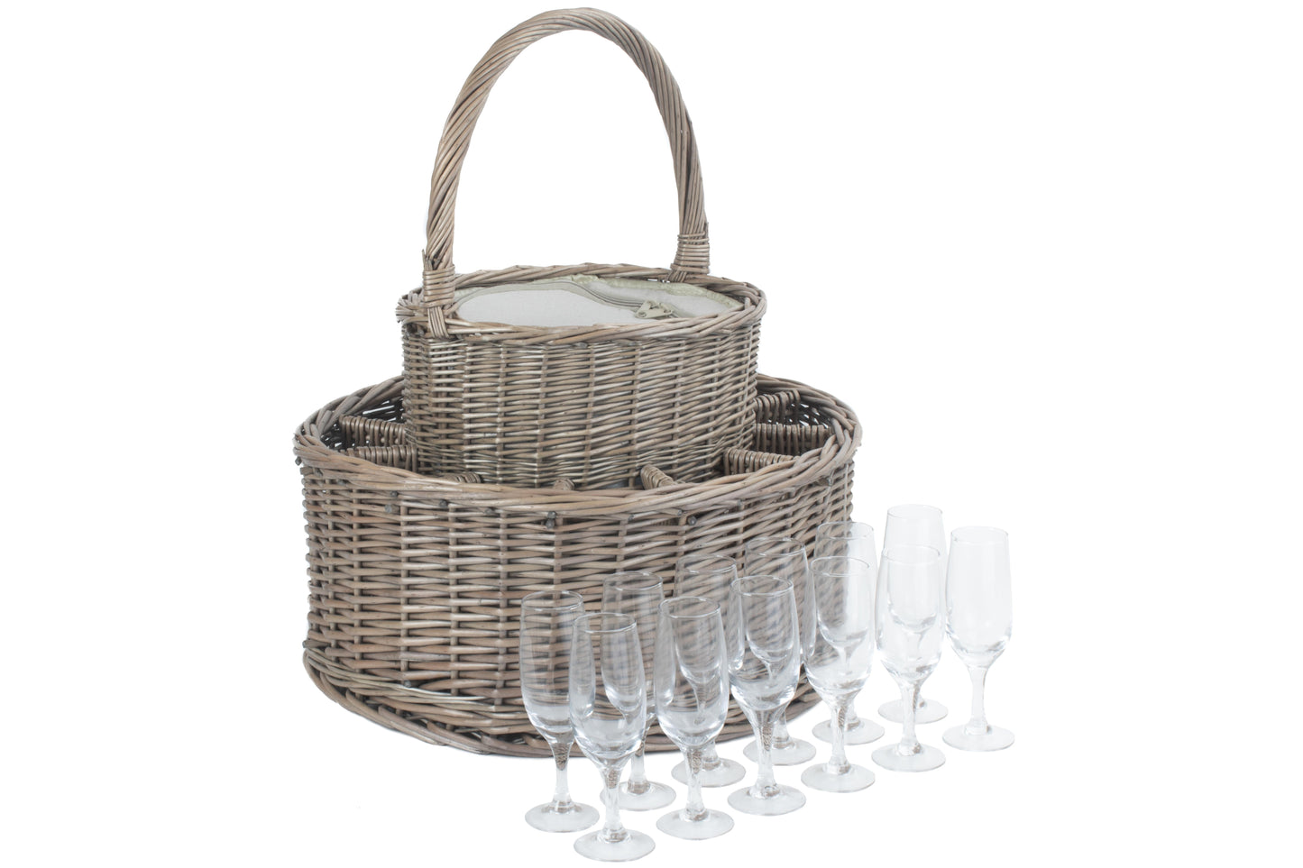 Chilled Garden Party Willow Basket showing antique wash willow construction and central zipped chilled compartment
