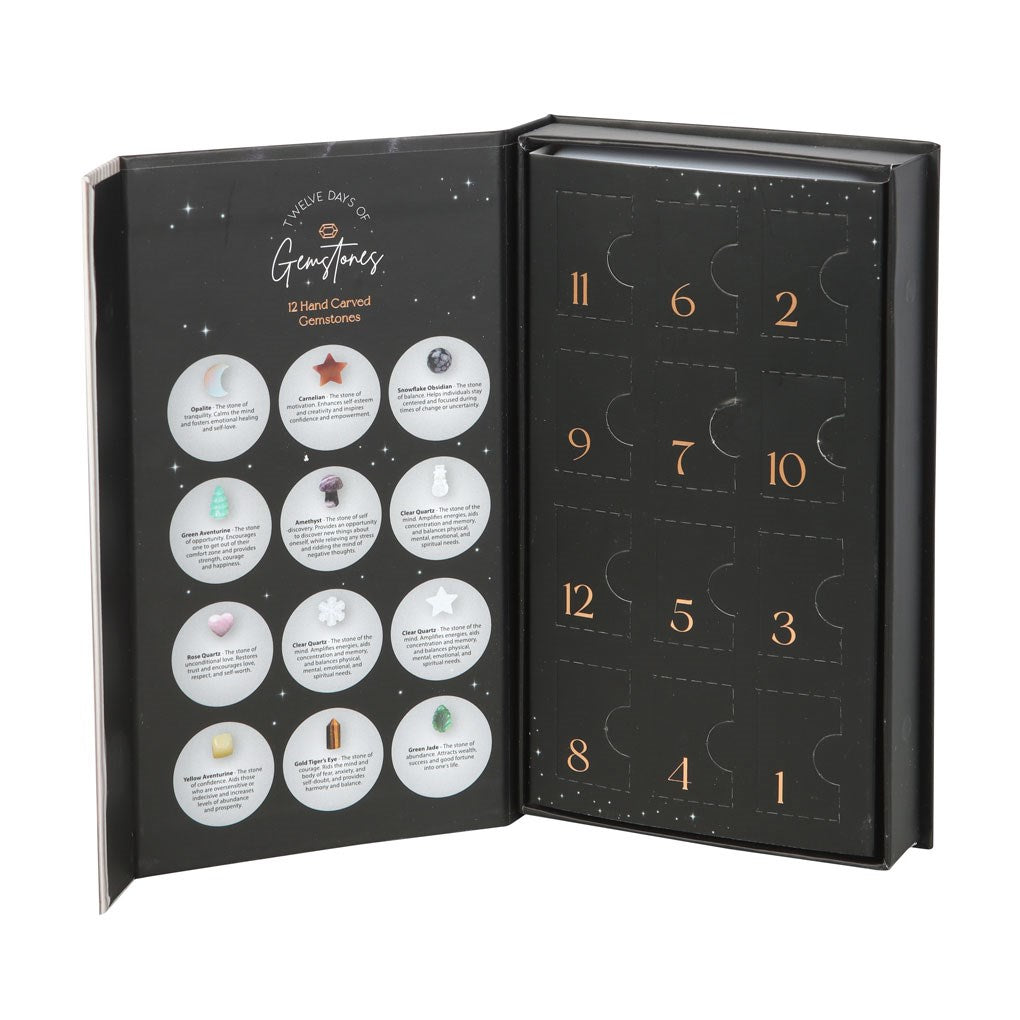 12-Day Christmas Crystal Advent Calendar opened to show numbered compartments containing festive gemstone surprises