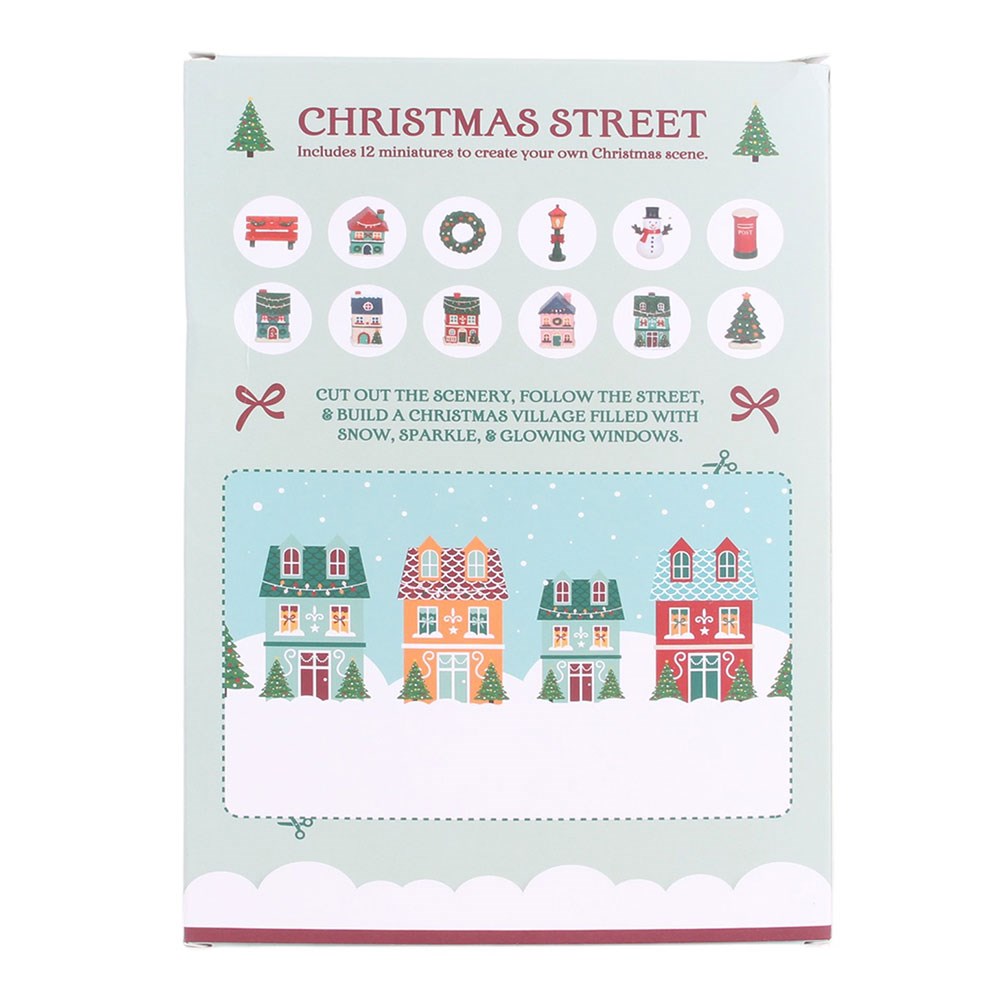 12-Day Christmas Street Scene Advent Calendar showing the reverse of the box with illustrations of the miniature Christmas village decorations