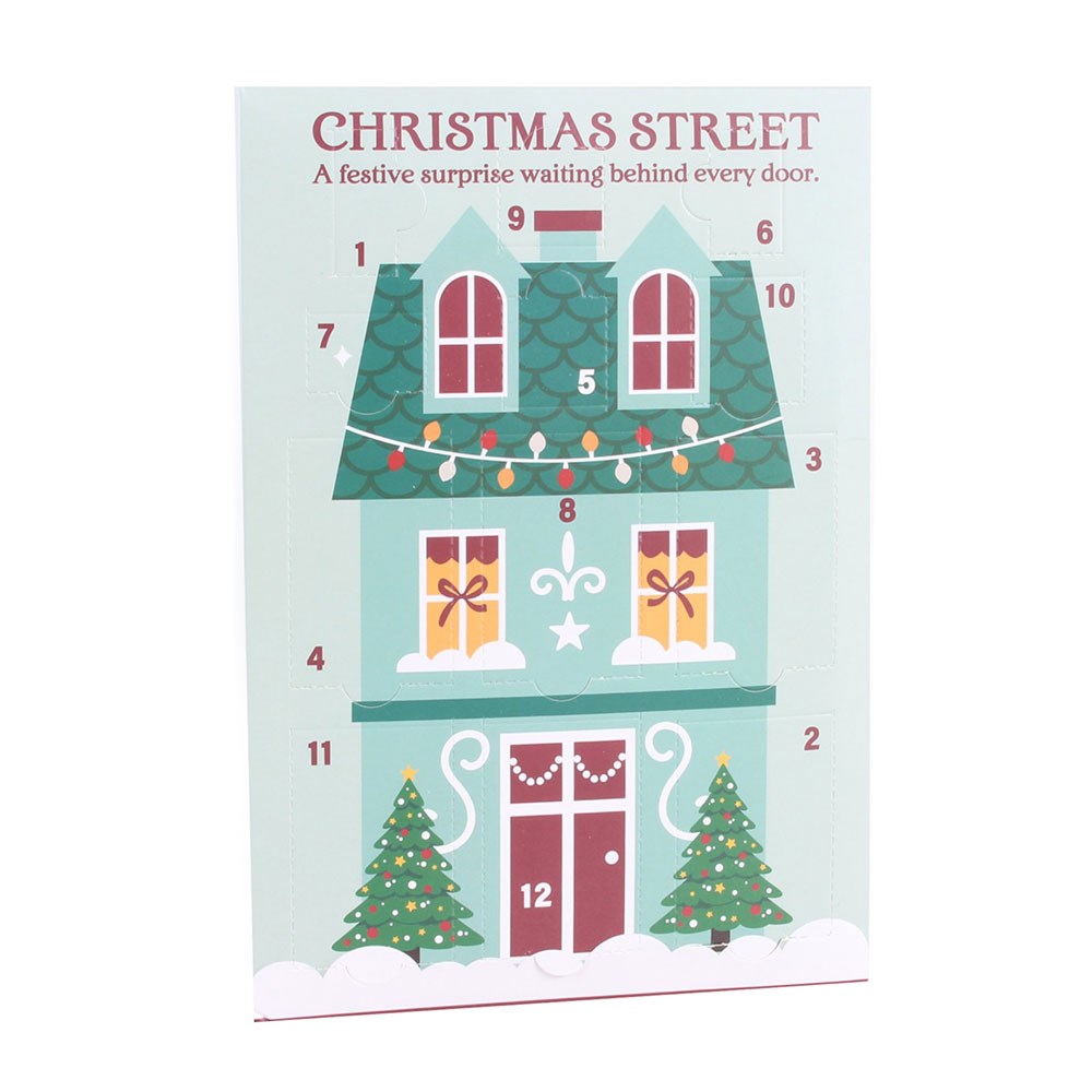 12-Day Christmas Street Scene Advent Calendar featuring a mint-green townhouse design with twelve numbered doors