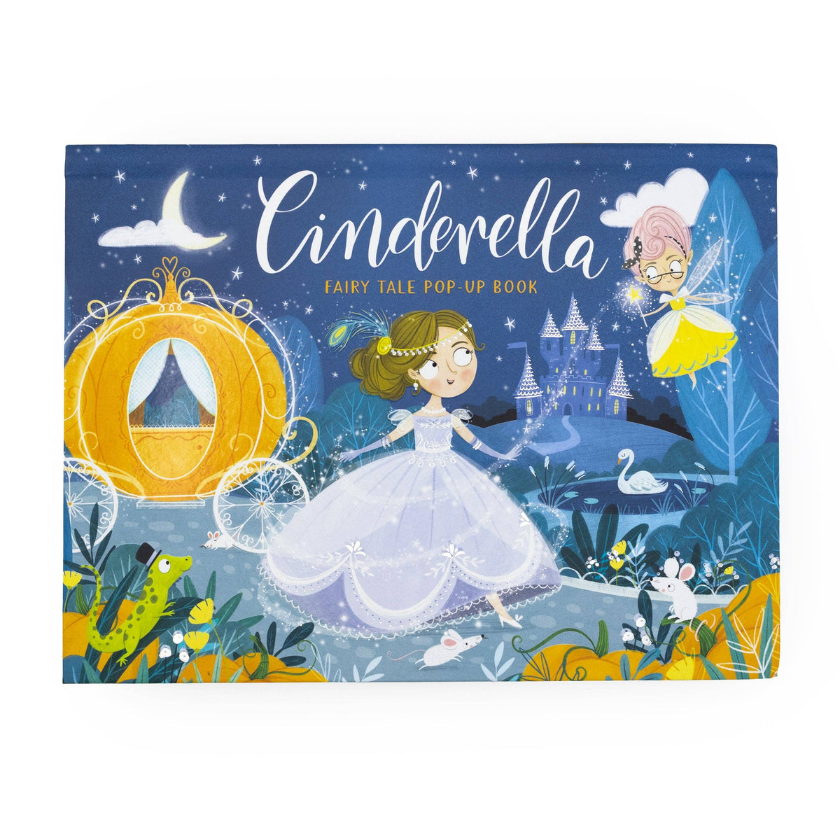 Cinderella children's fairy tale pop-up book featuring its illustrated front cover with Cinderella in a blue gown and a golden carriage