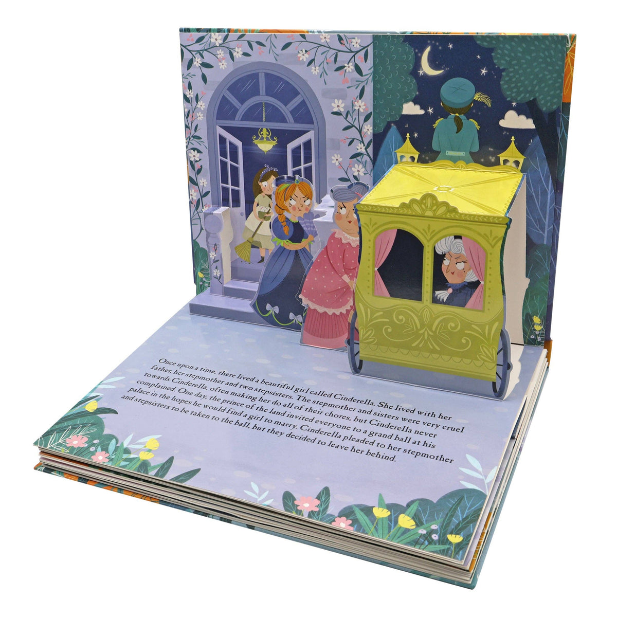 Cinderella children's pop-up book displaying a three-dimensional palace scene with colourful illustrated pages