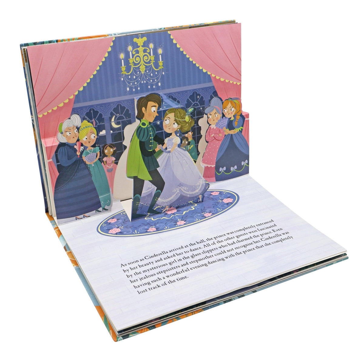 Cinderella pop-up book opened to show a colourful three-dimensional scene from the fairy tale