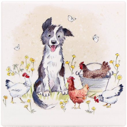Square ceramic coaster with illustrated collie, hens and colourful floral details