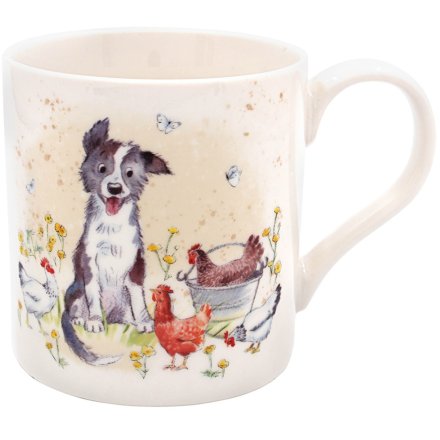 Ceramic mug with illustrated collie, hens and colourful floral details