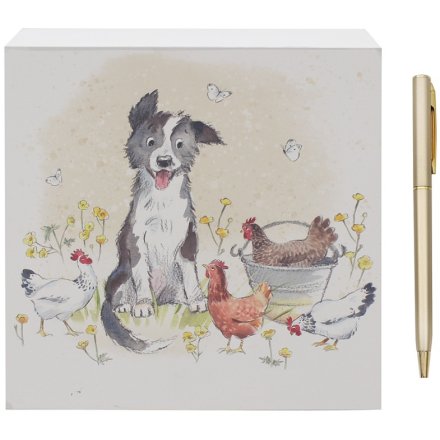 Collie and hens memo pad with colourful wildflower farmyard illustration and pen