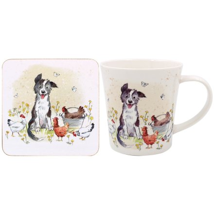 Collie and hens ceramic mug with matching floral farmyard coaster