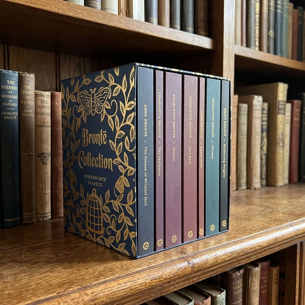 The Complete Brontë Collection seven-book box set on an aged oak library shelf