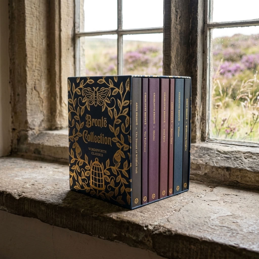The Complete Brontë Collection seven-book box set beside an old stone window overlooking the Yorkshire moors