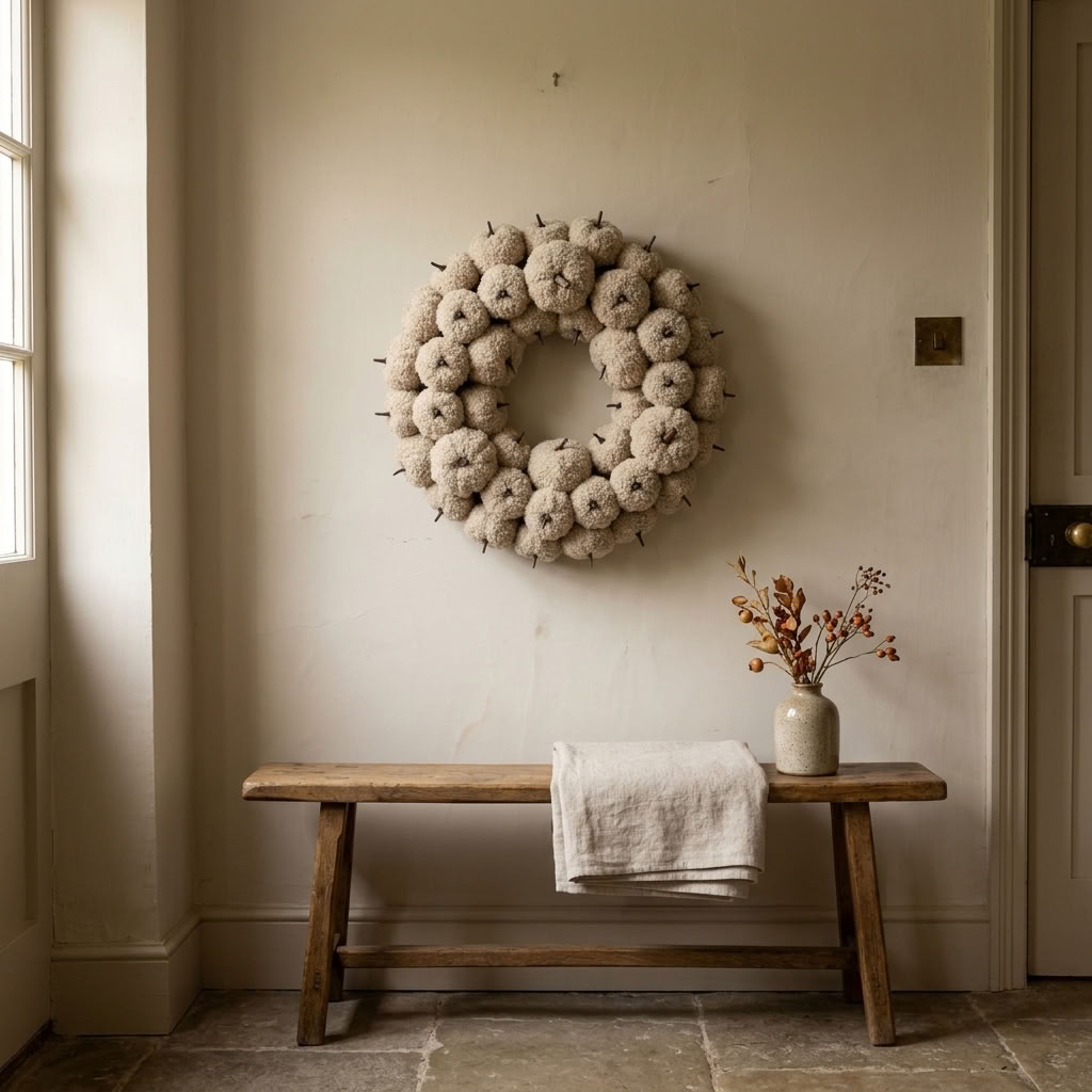 Cream-Coloured Pumpkin Wreath displayed above an antique wooden bench in a warm English country hallway