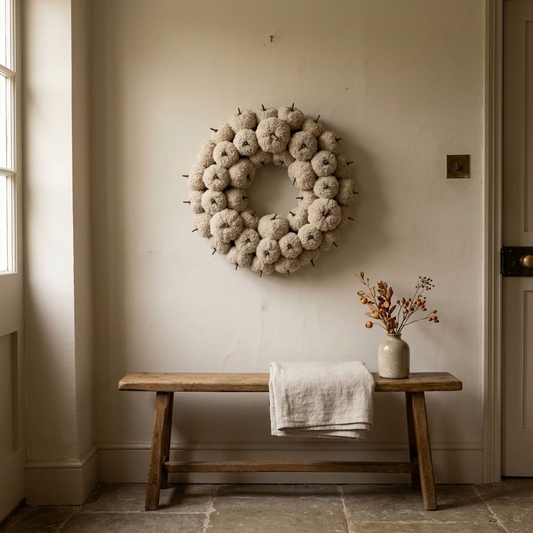 Cream-Coloured Pumpkin Wreath displayed above an antique wooden bench in a warm English country hallway