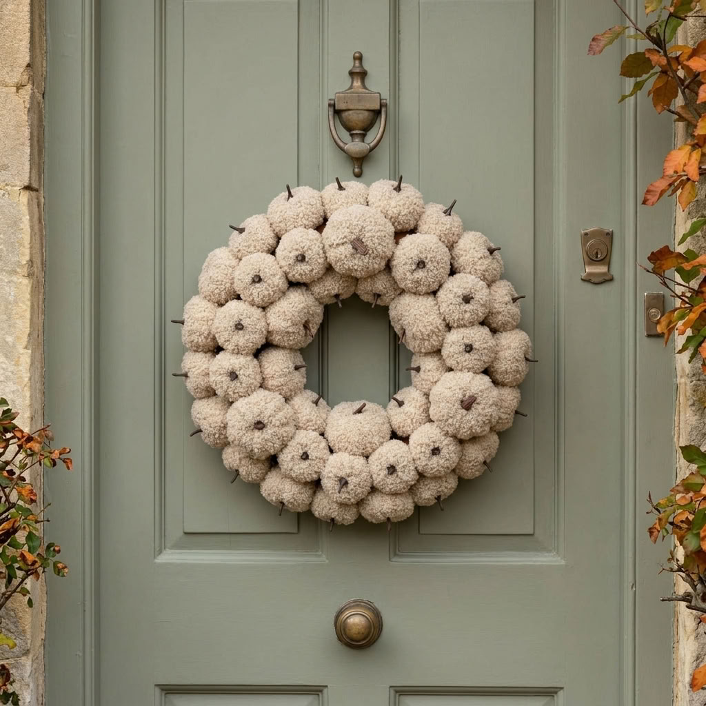 Cream-Coloured Pumpkin Wreath displayed on a sage green front door of an English country house