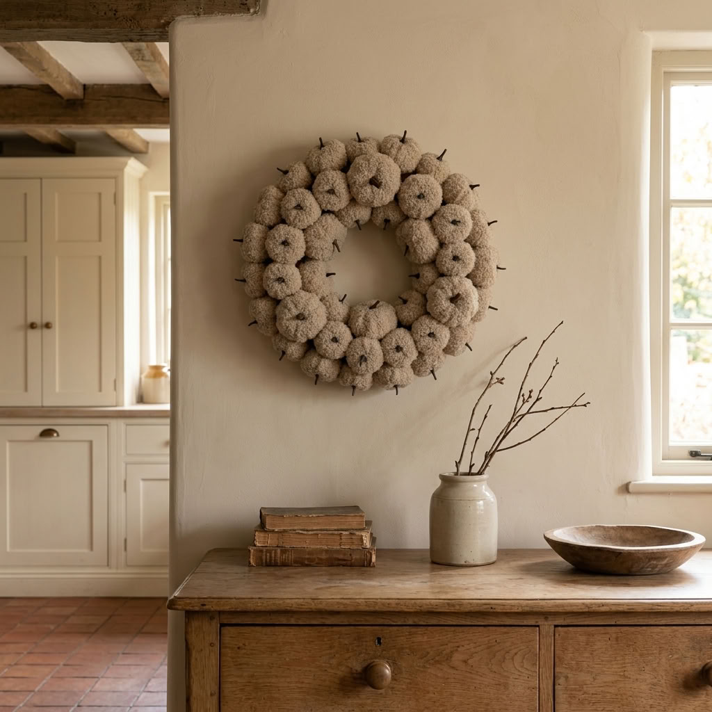 Cream-Coloured Pumpkin Wreath displayed above an aged wooden dresser in a traditional English country kitchen