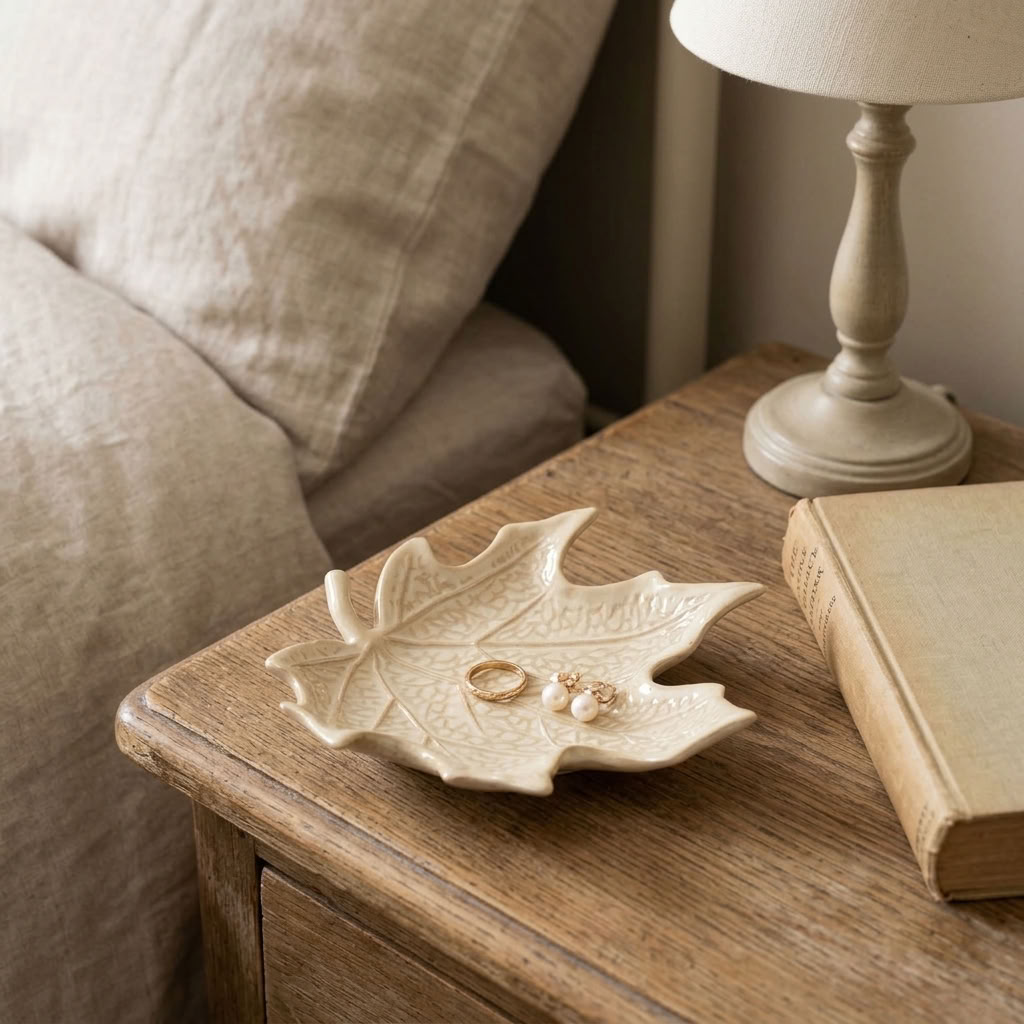 Cream leaf trinket dish displayed as a decorative accessory in a traditional home