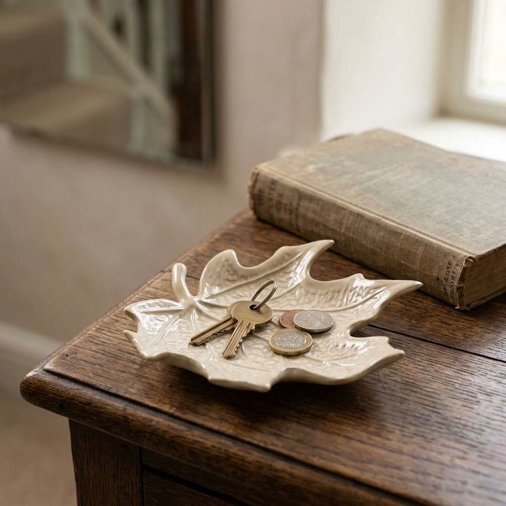 Cream leaf-shaped trinket dish styled with jewellery in a warm country home interior