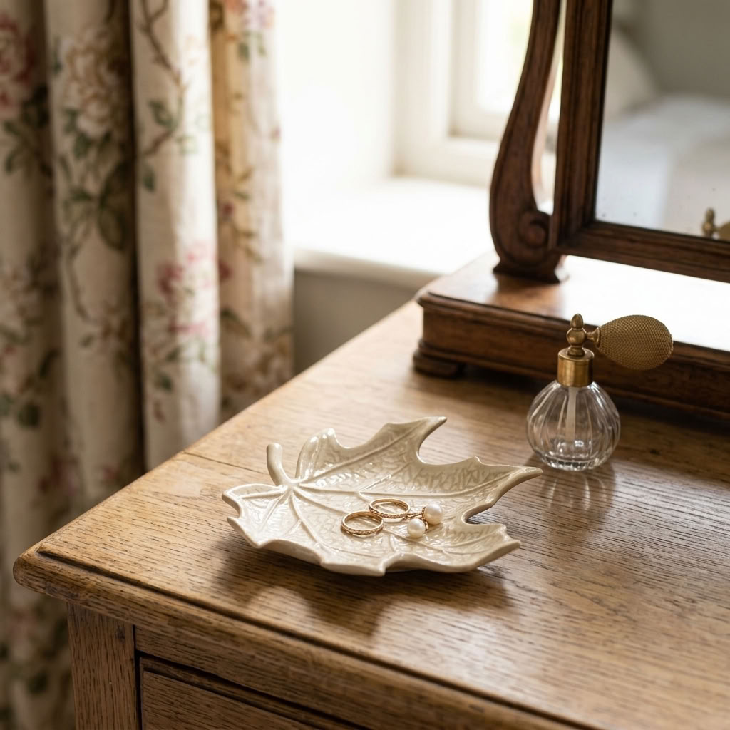 Cream leaf trinket dish styled with jewellery on a traditional wooden dressing table
